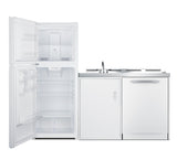 All-in-one combination kitchenette with full-sized refrigerator-freezer, dishwasher, sink, storage cabinet, and 2-burner