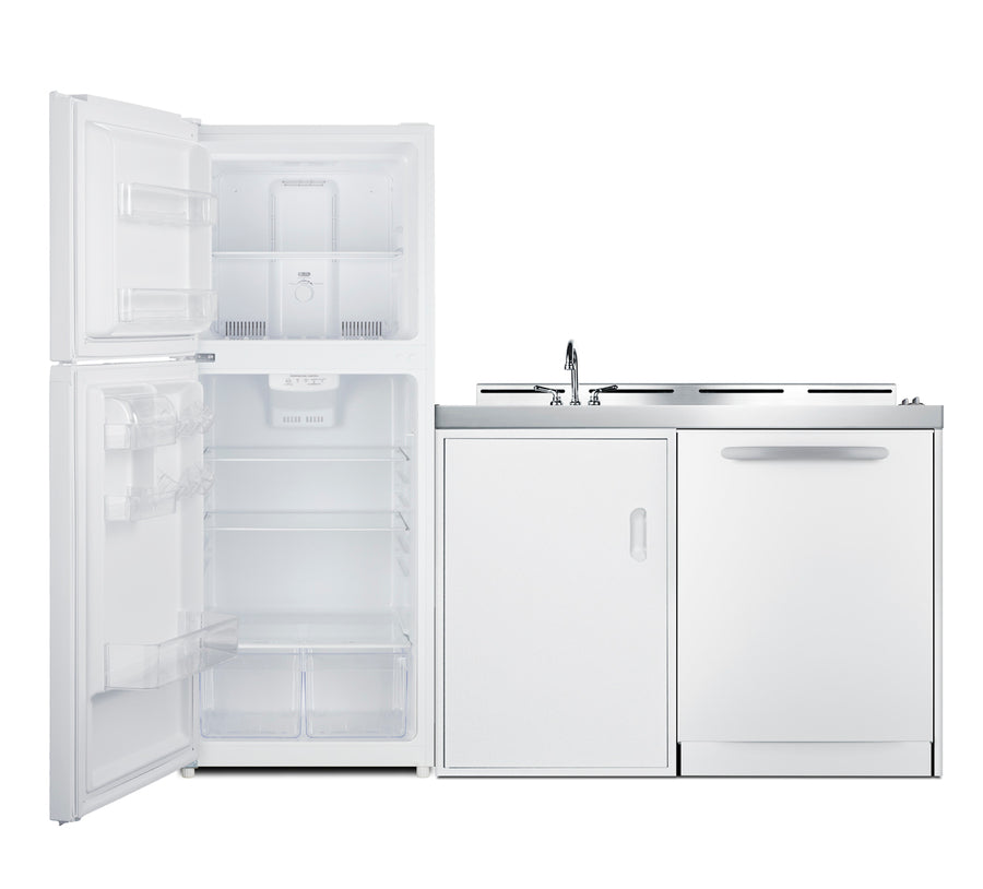 All-in-one combination kitchenette with full-sized refrigerator-freezer, dishwasher, sink, storage cabinet, and 2-burner