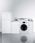 All-in-one combination kitchenette with full-sized refrigerator-freezer, 115V combo washer/dryer, sink, storage cabinet,