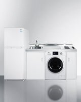 All-in-one combination kitchenette with full-sized refrigerator-freezer, 115V combo washer/dryer, sink, storage cabinet,