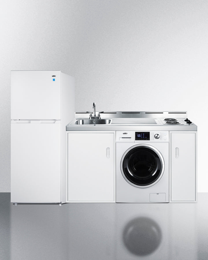 All-in-one combination kitchenette with full-sized refrigerator-freezer, 115V combo washer/dryer, sink, storage cabinet,