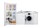 All-in-one combination kitchenette with full-sized refrigerator-freezer, 115V combo washer/dryer, sink, storage cabinet,