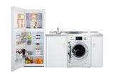 All-in-one combination kitchenette with full-sized refrigerator-freezer, 115V combo washer/dryer, sink, storage cabinet,