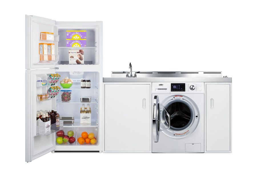 All-in-one combination kitchenette with full-sized refrigerator-freezer, 115V combo washer/dryer, sink, storage cabinet,