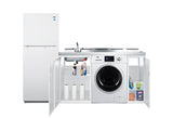 All-in-one combination kitchenette with full-sized refrigerator-freezer, 115V combo washer/dryer, sink, storage cabinet,