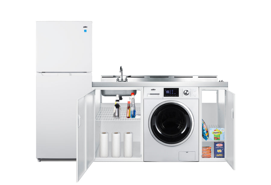 All-in-one combination kitchenette with full-sized refrigerator-freezer, 115V combo washer/dryer, sink, storage cabinet,