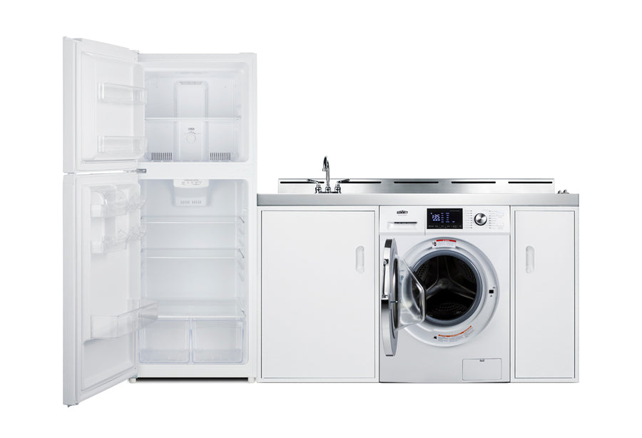 All-in-one combination kitchenette with full-sized refrigerator-freezer, 115V combo washer/dryer, sink, storage cabinet,