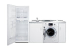 All-in-one combination kitchenette with full-sized refrigerator-freezer, 115V combo washer/dryer, sink, storage cabinet,