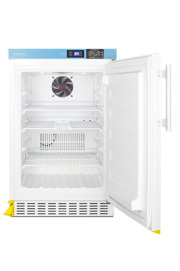 Accucold Built-in ADA compliant healthcare all-refrigerator with NIST calibrated alarm/thermometer and step-to-open door pedal