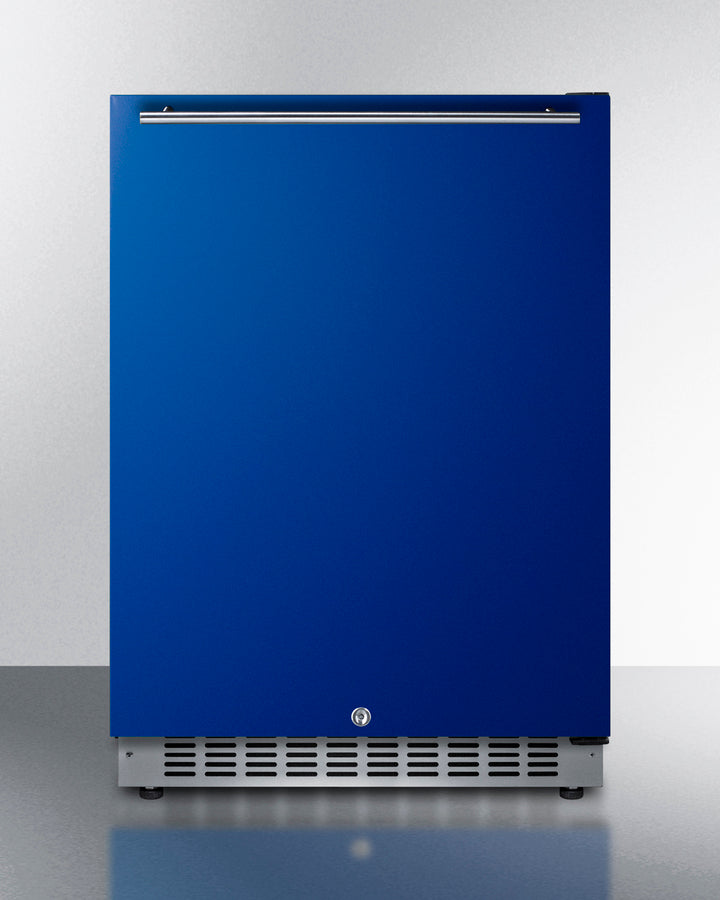 Built-in undercounter ADA compliant all-refrigerator with cobalt blue door, stainless steel handle, black cabinet, door 