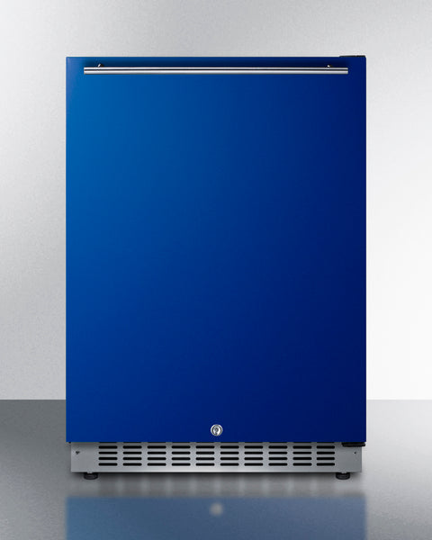 Built-in undercounter ADA compliant all-refrigerator with cobalt blue door, stainless steel handle, black cabinet, door 