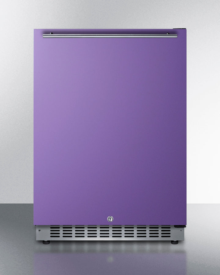 Built-in undercounter ADA compliant all-refrigerator with lavender purple door, stainless steel handle, black cabinet, d