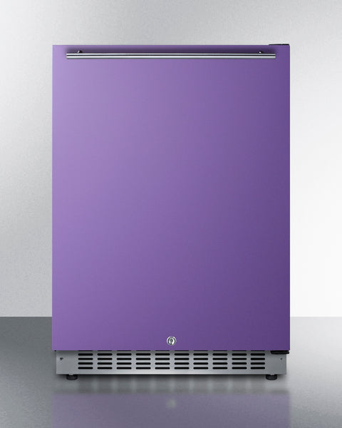 Built-in undercounter ADA compliant all-refrigerator with lavender purple door, stainless steel handle, black cabinet, d