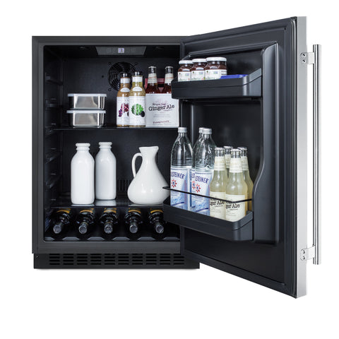 Built-in undercounter ADA compliant all-refrigerator with panel-ready door, black cabinet, door storage, and digital con