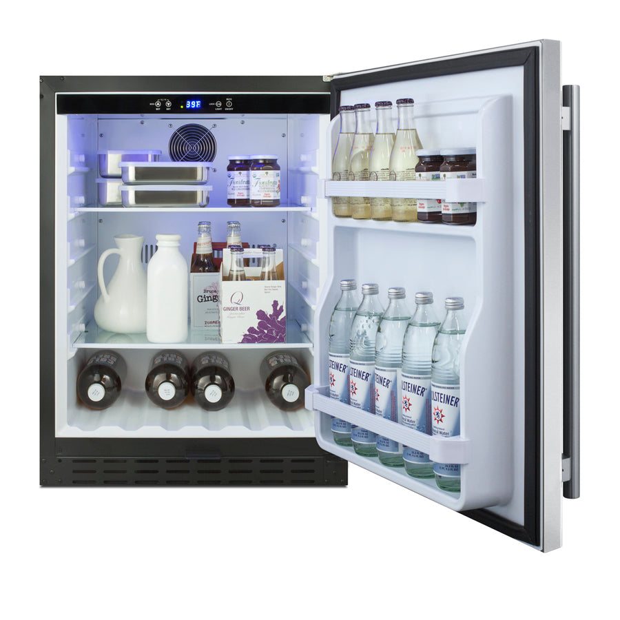 Built-in undercounter ADA compliant all-refrigerator with stainless steel door, black cabinet, door storage, lock, digit