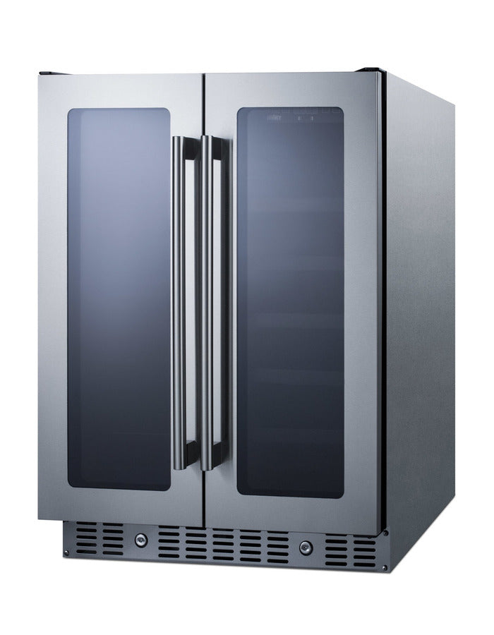 Accucold ADA compliant built-in or freestanding dual zone wine/beverage center with French door swing, seamless stainless steel t