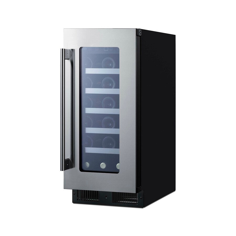 15" wide ADA compliant wine cellar for built-in or freestanding use, with digital controls, front lock, and LED lighting