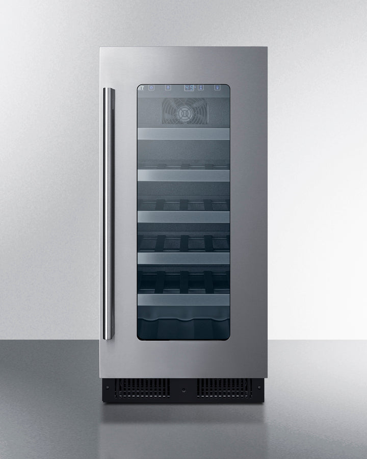 15" wide ADA compliant wine cellar for built-in or freestanding use, with digital controls, front lock, and LED lighting