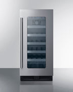 15" wide ADA compliant wine cellar for built-in or freestanding use, with digital controls, front lock, and LED lighting