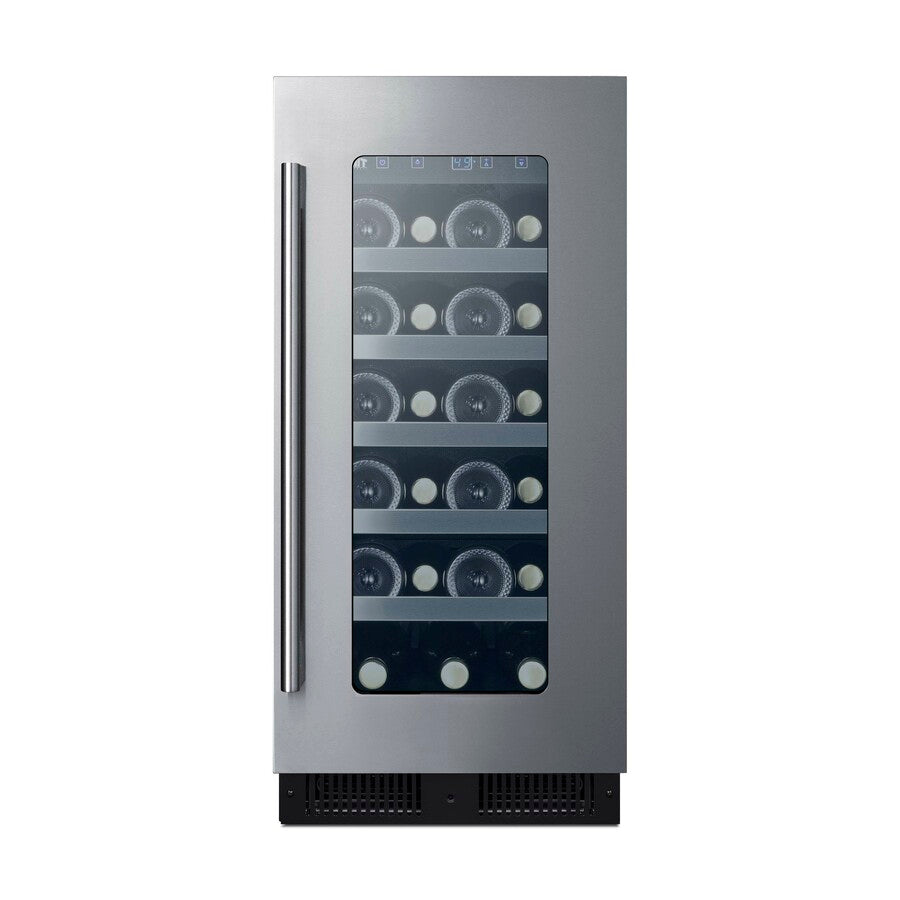 15" wide ADA compliant wine cellar for built-in or freestanding use, with digital controls, front lock, and LED lighting