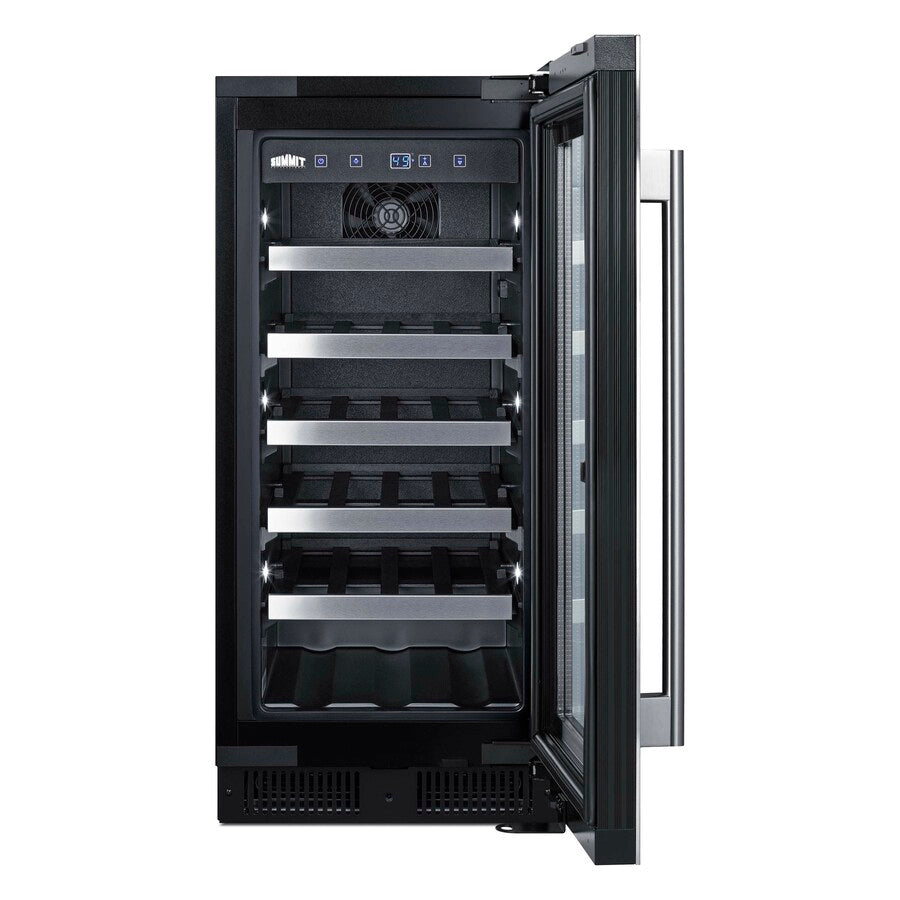 15" wide ADA compliant wine cellar for built-in or freestanding use, with digital controls, front lock, and LED lighting
