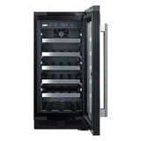 15" wide ADA compliant wine cellar for built-in or freestanding use, with digital controls, front lock, and LED lighting