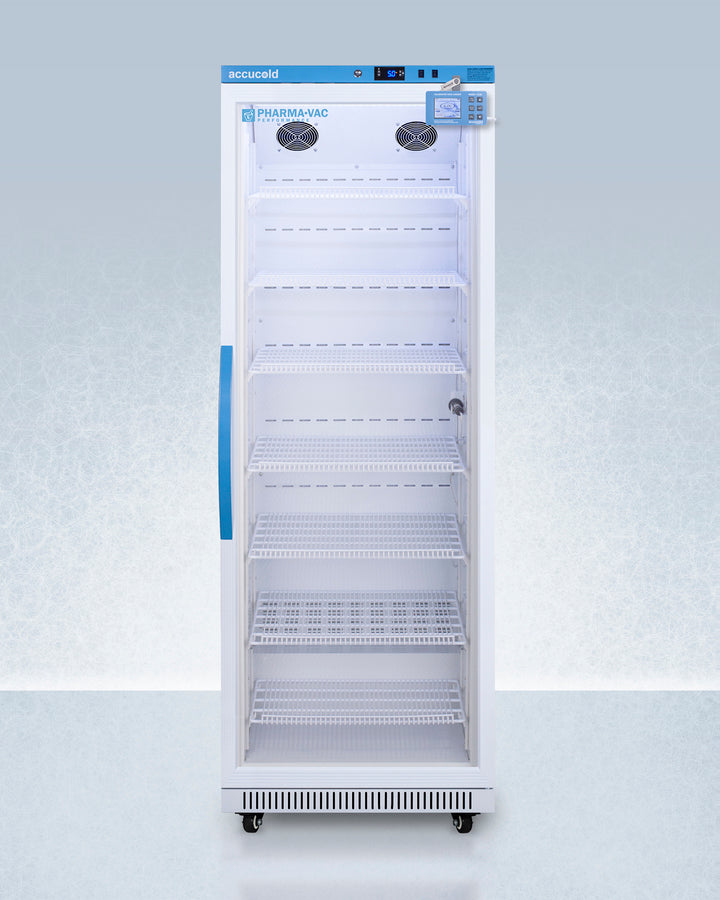 Accucold 18" wide glass door refrigerator for built-in or freestanding use, with digital controls, lock, and LED light