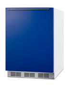 ADA height 24" all-refrigerator for residential use with cobalt blue door, stainless steel handle, and white cabinet, AD