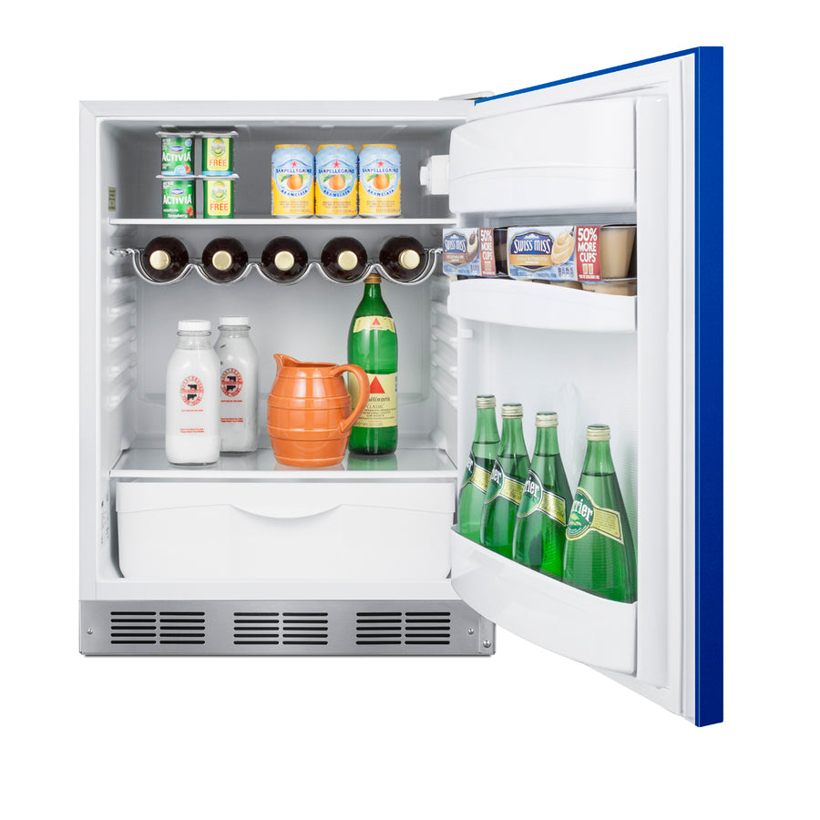 ADA height 24" all-refrigerator for residential use with cobalt blue door, stainless steel handle, and white cabinet, AD