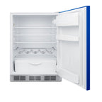 ADA height 24" all-refrigerator for residential use with cobalt blue door, stainless steel handle, and white cabinet, AD