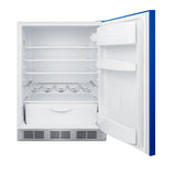 Accucold Undercounter 24" all-refrigerator for residential use with cobalt blue door, stainless steel handle, and white cabinet (Model BAR611WHBLHD)