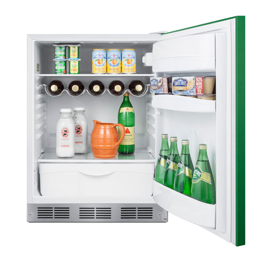 Undercounter 24" all-refrigerator for residential use with emerald green door, stainless steel handle, and white cabinet