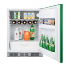 Accucold ADA height 24" all-refrigerator for residential use with emerald green door, stainless steel handle, and white cabinet, ADA (Model BAR611WHGADALHD)