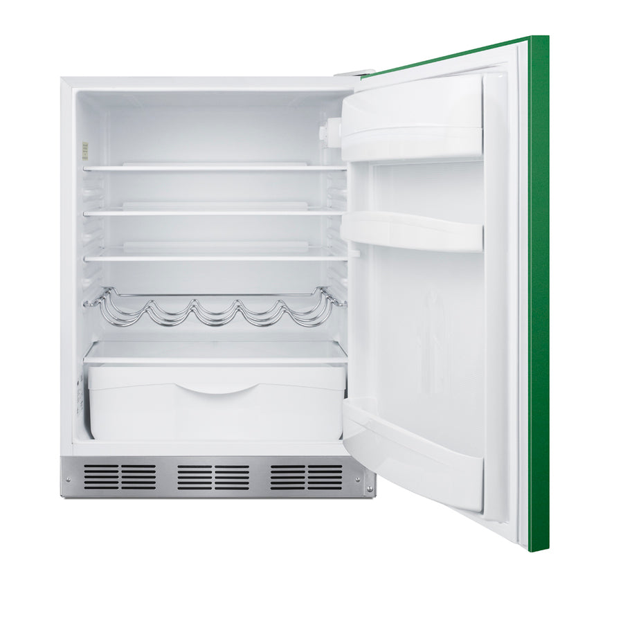 Accucold ADA height 24" all-refrigerator for residential use with emerald green door, stainless steel handle, and white cabinet, ADA (Model BAR611WHGADALHD)