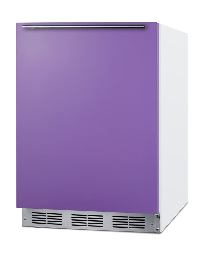 ADA height 24" all-refrigerator for residential use with lavender purple door, stainless steel handle, and white cabinet