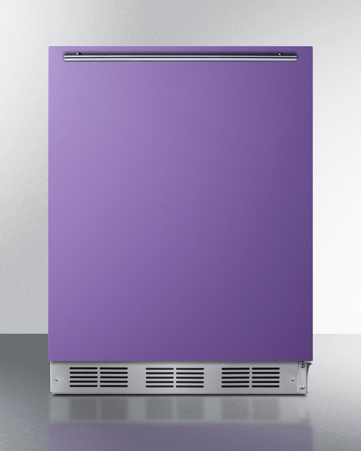ADA height 24" all-refrigerator for residential use with lavender purple door, stainless steel handle, and white cabinet