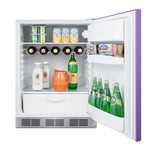 ADA height 24" all-refrigerator for residential use with lavender purple door, stainless steel handle, and white cabinet