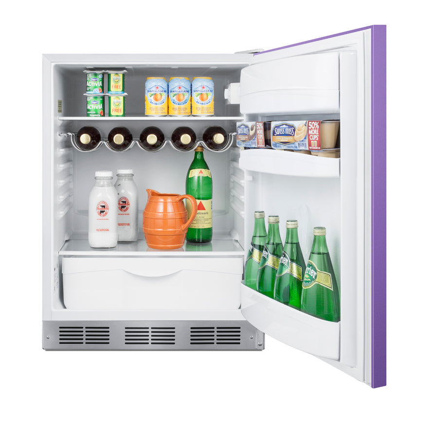 ADA height 24" all-refrigerator for residential use with lavender purple door, stainless steel handle, and white cabinet