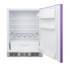 ADA height 24" all-refrigerator for residential use with lavender purple door, stainless steel handle, and white cabinet