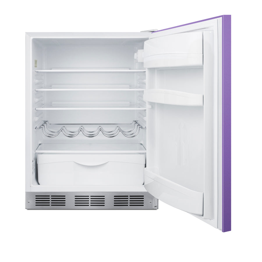 ADA height 24" all-refrigerator for residential use with lavender purple door, stainless steel handle, and white cabinet