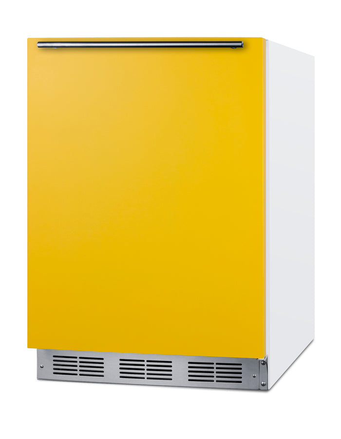 ADA height 24" all-refrigerator for residential use with saffron gold door, stainless steel handle, and white cabinet, A