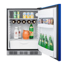 Undercounter 24" all-refrigerator for residential use with cobalt blue door, stainless steel handle, and black cabinet (