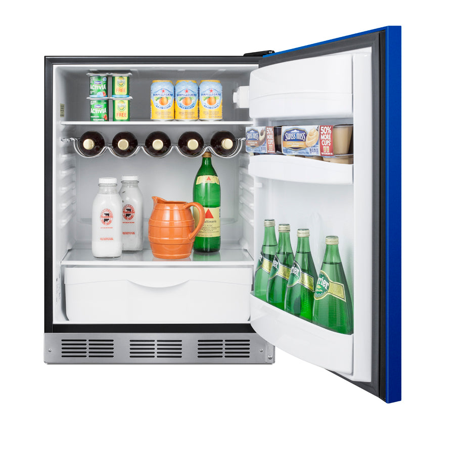Undercounter 24" all-refrigerator for residential use with cobalt blue door, stainless steel handle, and black cabinet (