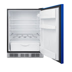 Undercounter 24" all-refrigerator for residential use with cobalt blue door, stainless steel handle, and black cabinet (