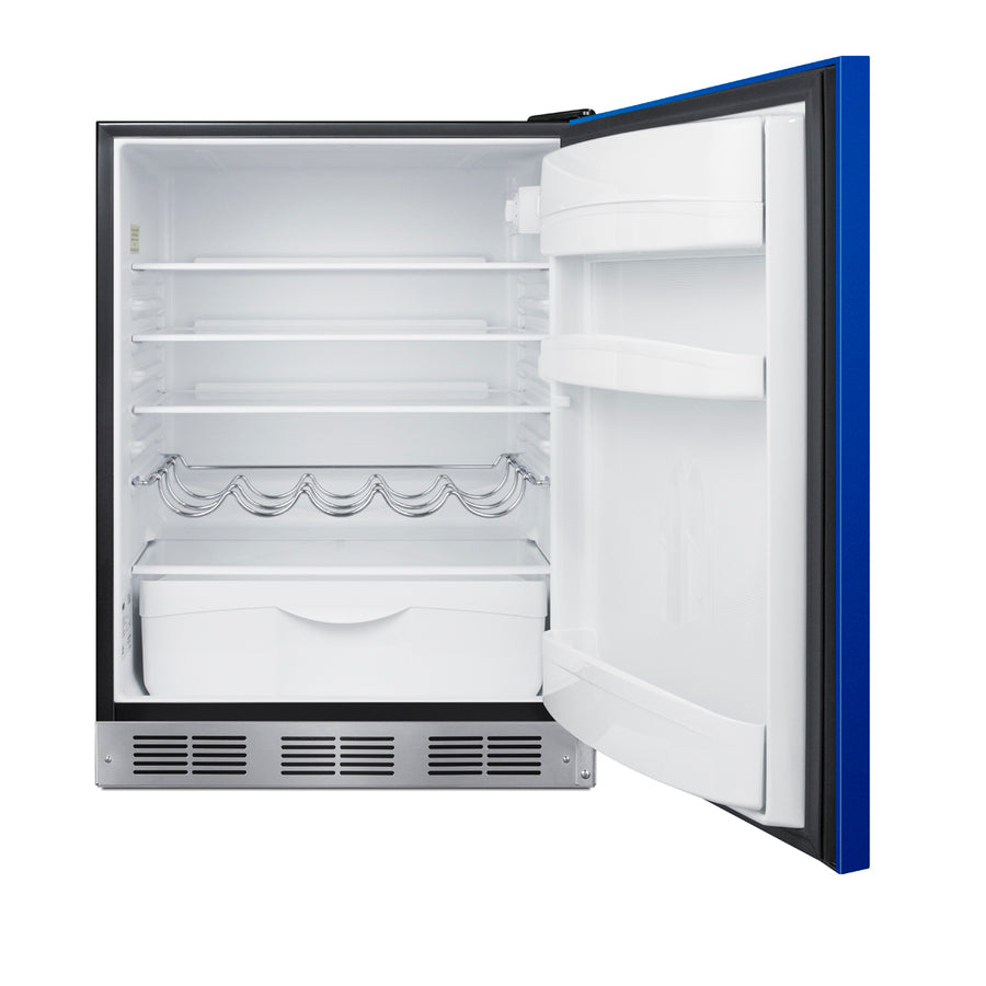 Undercounter 24" all-refrigerator for residential use with cobalt blue door, stainless steel handle, and black cabinet (