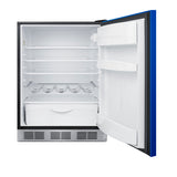 Undercounter 24" all-refrigerator for residential use with cobalt blue door, stainless steel handle, and black cabinet (
