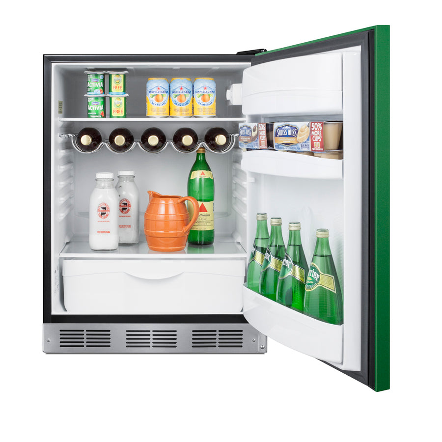 Accucold ADA height 24" all-refrigerator for residential use with emerald green door, stainless steel handle, and black cabinet, ADA (Model BAR631BKGADA)
