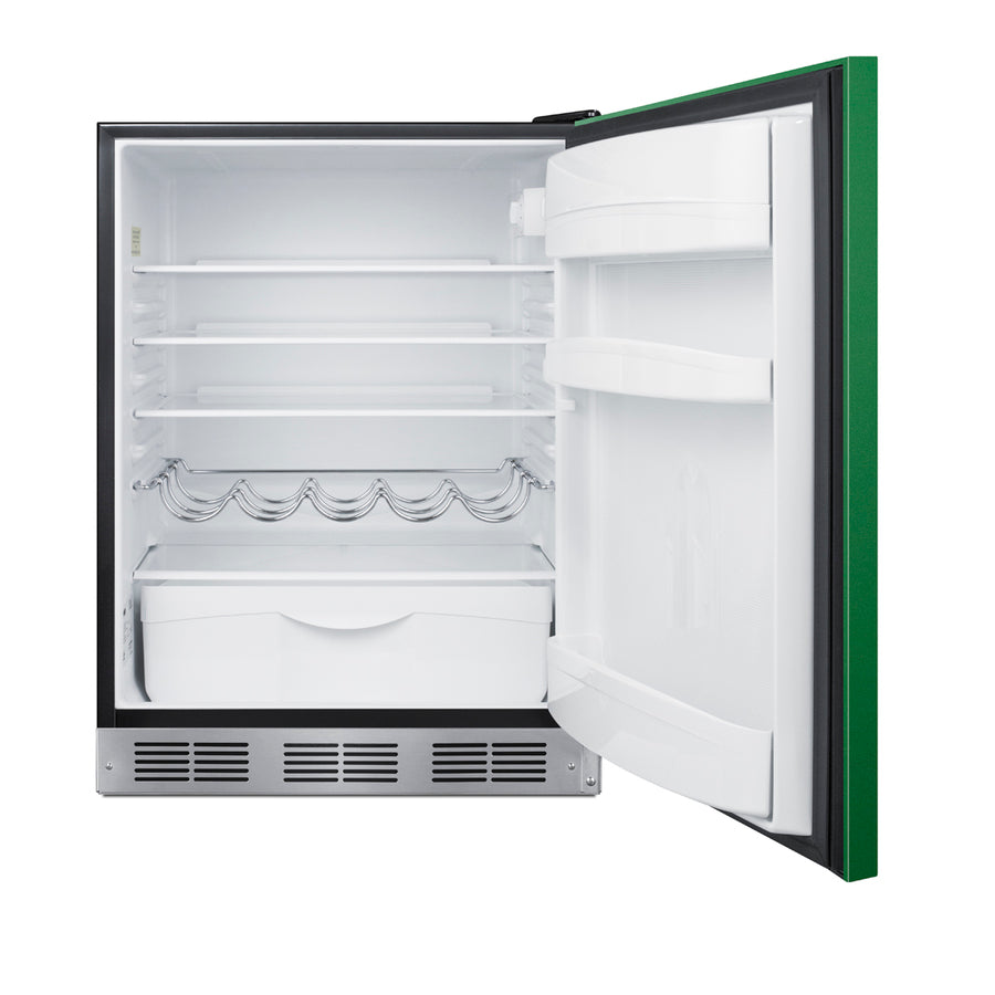 ADA height 24" all-refrigerator for residential use with emerald green door, stainless steel handle, and black cabinet, 
