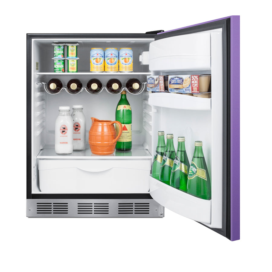 ADA height 24" all-refrigerator for residential use with lavender purple door, stainless steel handle, and black cabinet