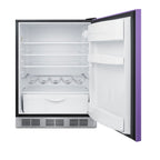 ADA height 24" all-refrigerator for residential use with lavender purple door, stainless steel handle, and black cabinet